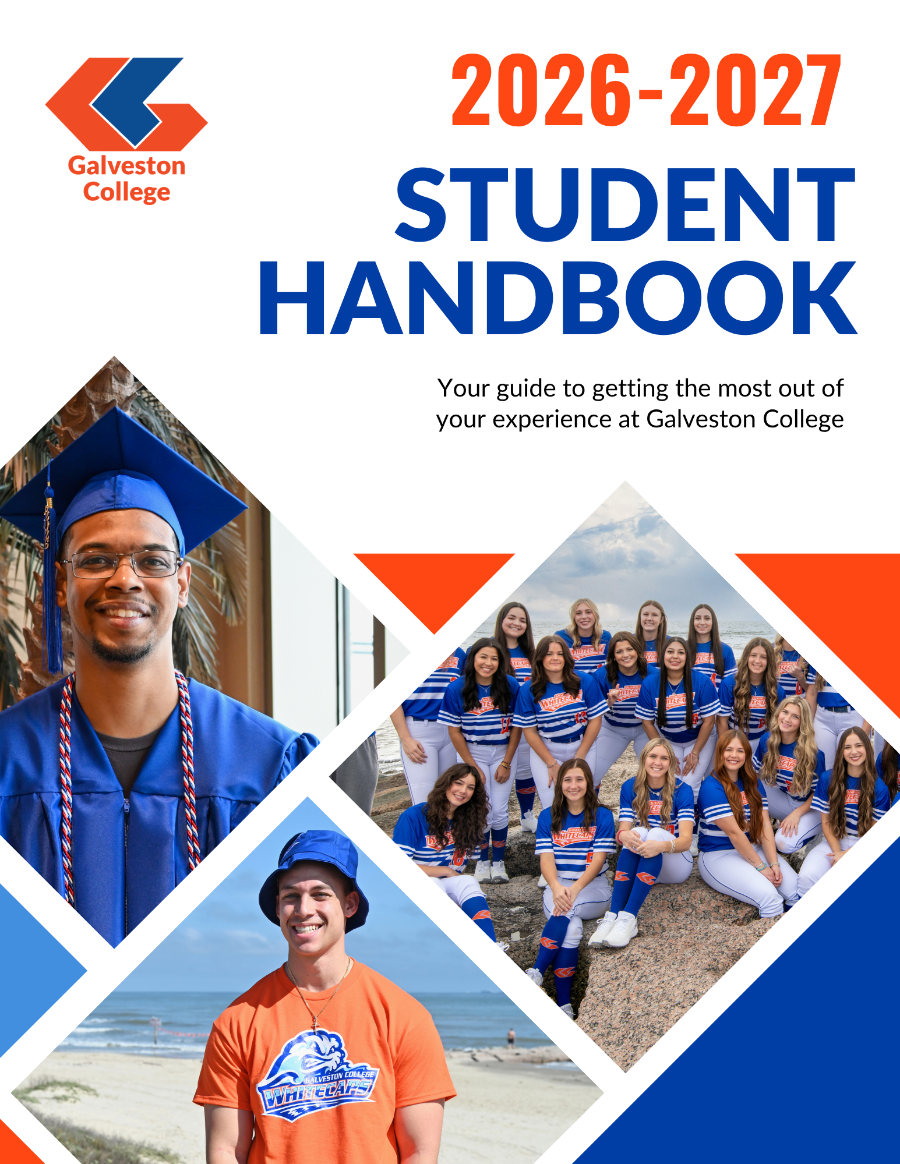 2026-2027 GC Student Handbook, male and female grads smile with the GC Mascot, Rip Tide